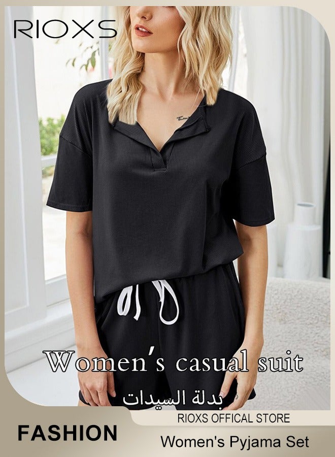RIOXS Women's Casual 2 Piece Sets,Short Sleeve T-Shirt And Elastic Waist Shorts,Solid Sleepwear Set For Women,Comfy Lady's Notched V Neck Top And Drawstring Shorts,Short Sleepwear  - Image 2
