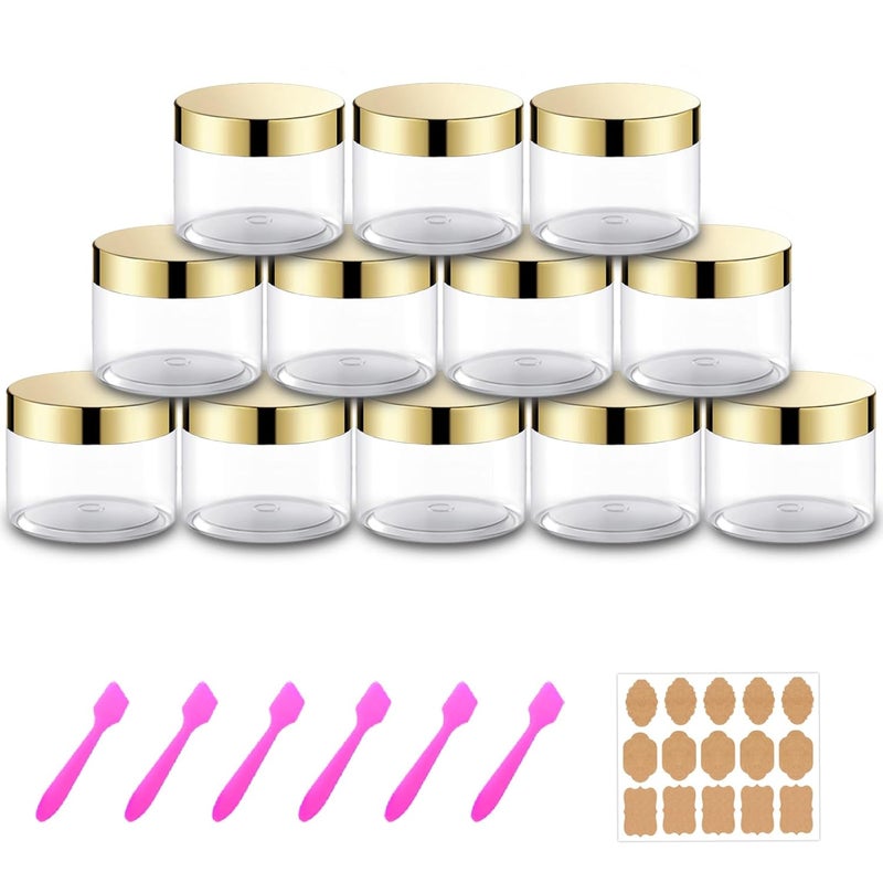AMORIX 12 Pack 6 oz Plastic Cosmetic Containers With Gold Lids Refillable Clear Empty Travle Jars Containers for Body Butter,Sugar Scrubs,Cream,Lotions,Candy, Label&Spatulas - Image 1