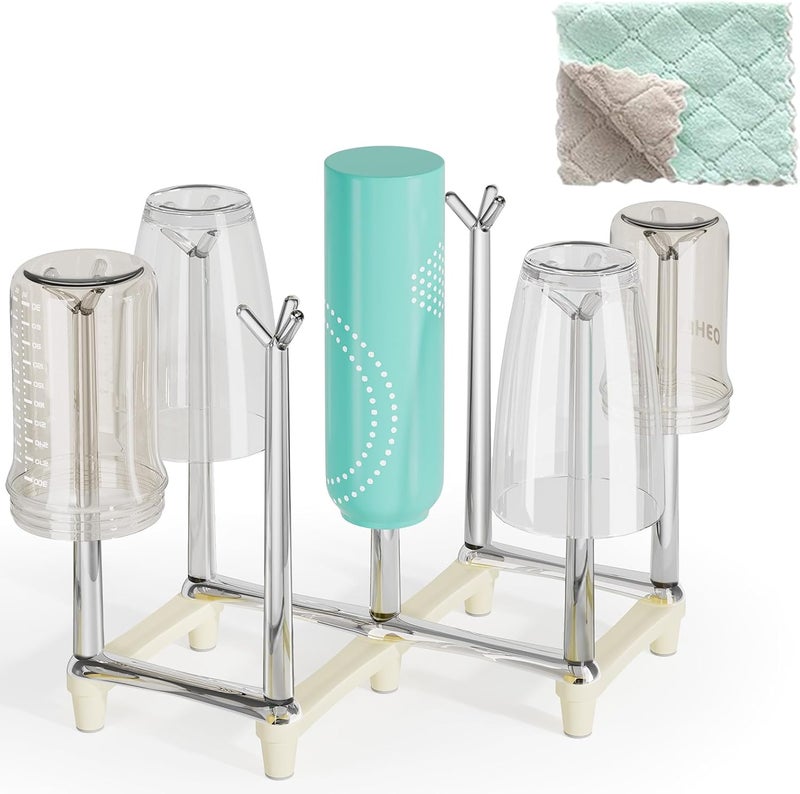 Marbrasse Retractable Cup Drying Rack, Drinking Glass and Sports Bottle Drainer Stand, Plastic Bag Dryer with Non-Slip Bottom for Kitchen Countertop - White - Image 1