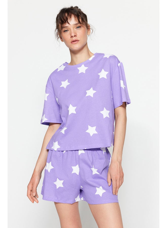 trendyol Lilac 100% Cotton Star Printed T-shirt-Shorts Knitted Pajama Set THMSS22PT0501 - Image 1