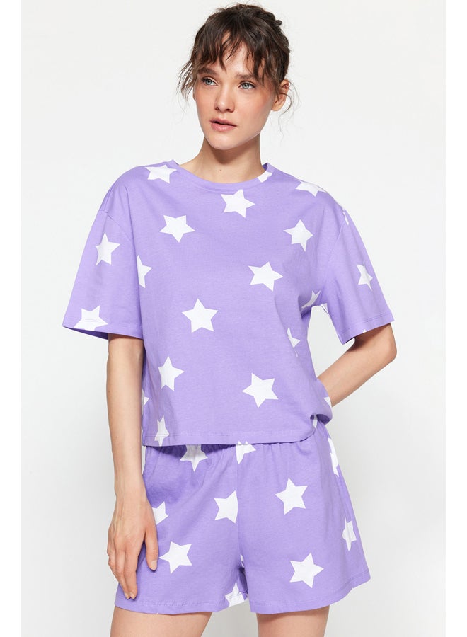 trendyol Lilac 100% Cotton Star Printed T-shirt-Shorts Knitted Pajama Set THMSS22PT0501 - Image 2