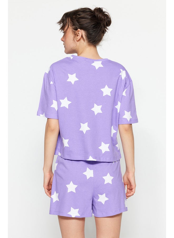 trendyol Lilac 100% Cotton Star Printed T-shirt-Shorts Knitted Pajama Set THMSS22PT0501 - Image 3