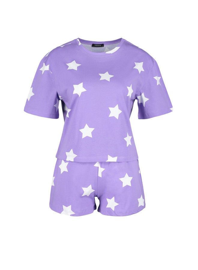 trendyol Lilac 100% Cotton Star Printed T-shirt-Shorts Knitted Pajama Set THMSS22PT0501 - Image 4