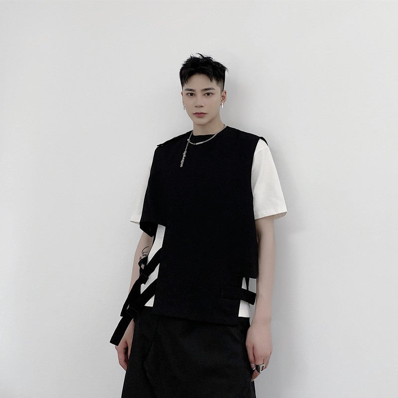High street functional style sleeveless vest outer wear mens personalized ribbon waistcoat ruffle handsome Japanese style workwear vest pullover coat Black 