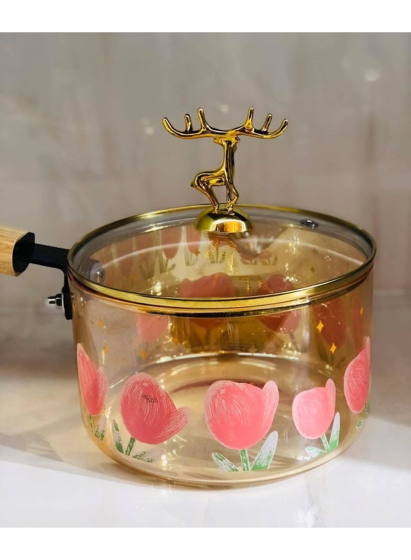 Amber Pyrex Casserole with Deer Lid & Wooden Handle – Rose Design – 1.8L Capacity - Image 1