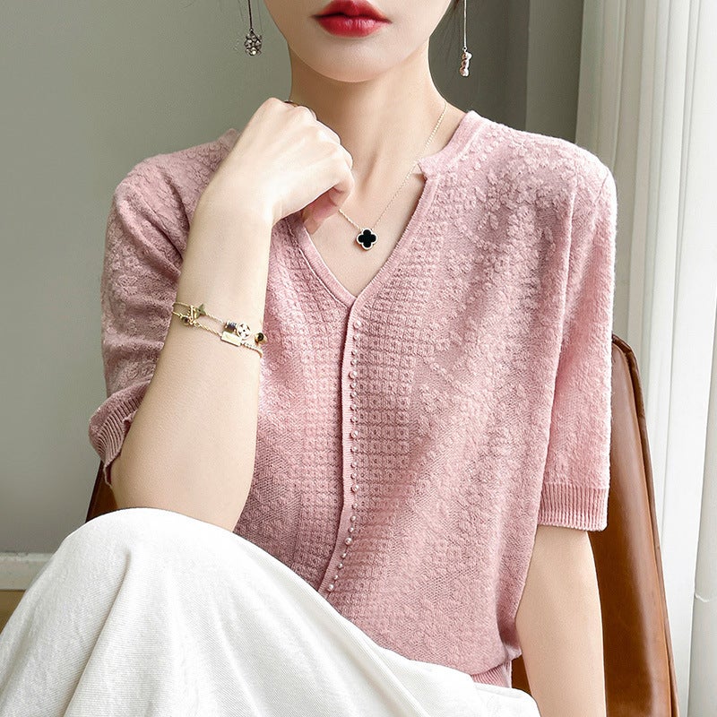Short-Sleeved Ice Silk T-Shirt Women'S V-Neck Beaded Foreign Elegant Small Shirt All-Match Hollow Crochet Knitted - Image 3