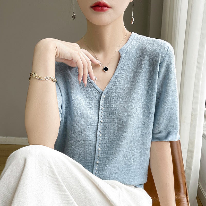 Short-Sleeved Ice Silk T-Shirt Women'S V-Neck Beaded Foreign Elegant Small Shirt All-Match Hollow Crochet Knitted - Image 2