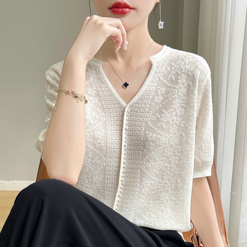 Short-Sleeved Ice Silk T-Shirt Women'S V-Neck Beaded Foreign Elegant Small Shirt All-Match Hollow Crochet Knitted - Image 4
