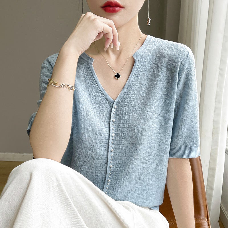 Short-Sleeved Ice Silk T-Shirt Women'S V-Neck Beaded Foreign Elegant Small Shirt All-Match Hollow Crochet Knitted - Image 1