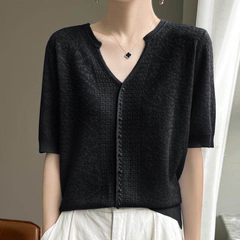 Short-Sleeved Ice Silk T-Shirt Women'S V-Neck Beaded Foreign Elegant Small Shirt All-Match Hollow Crochet Knitted - Image 5