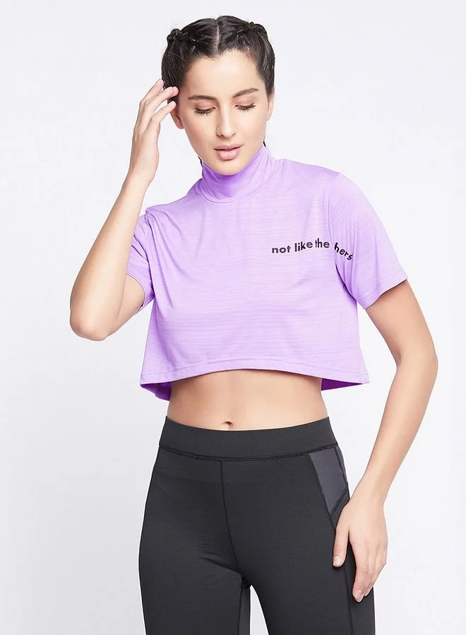 كلوفيا Clovia Comfort Fit Text Print Turtleneck Active Crop Top in Lilac