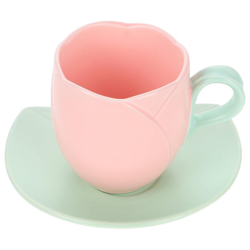 Retro Blush Ceramic Coffee Mug with Saucer Floral Porcelain Drinkware Set - Image 2