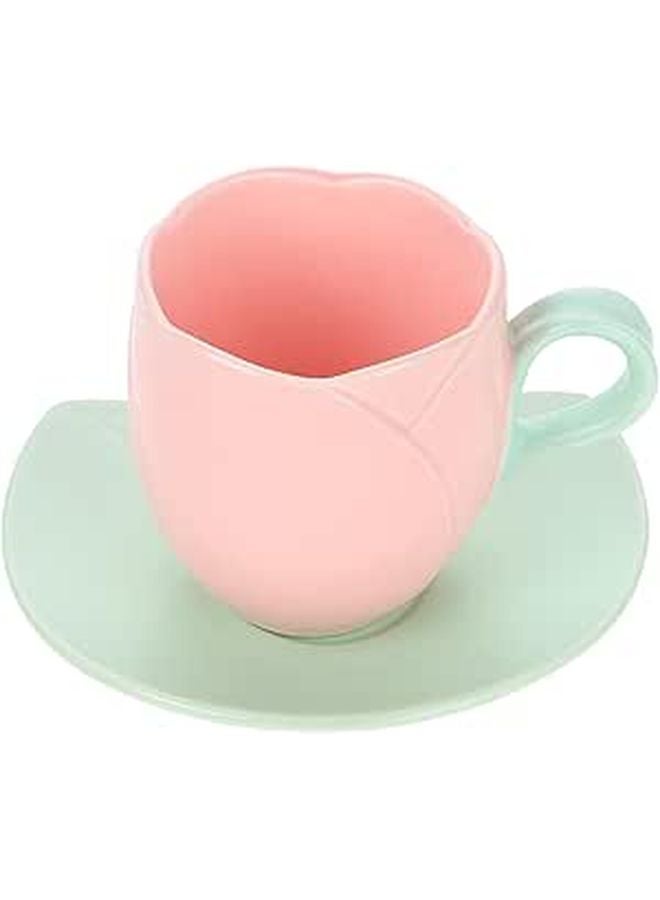 Retro Blush Ceramic Coffee Mug with Saucer Floral Porcelain Drinkware Set - Image 1