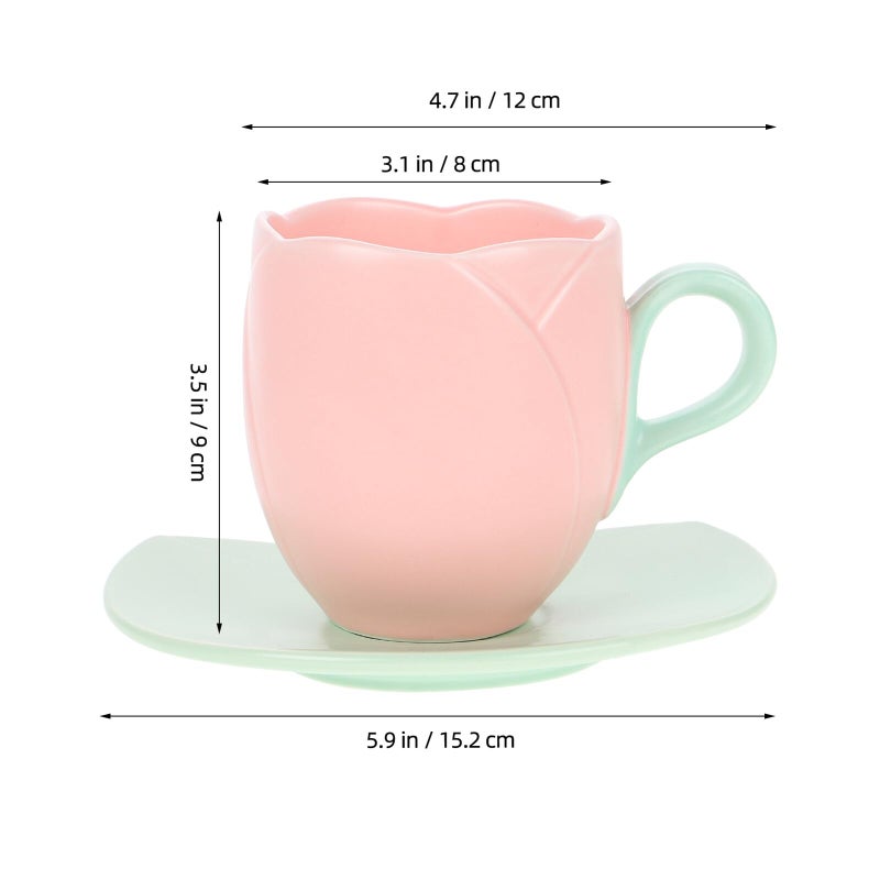 Retro Blush Ceramic Coffee Mug with Saucer Floral Porcelain Drinkware Set - Image 3