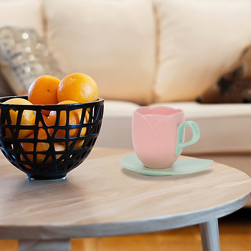 Retro Blush Ceramic Coffee Mug with Saucer Floral Porcelain Drinkware Set - Image 5