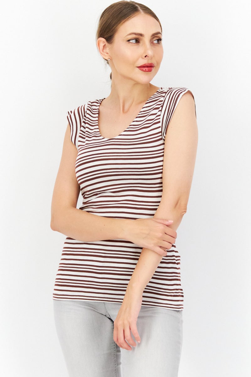 Zero Women V Neck Short Sleeve Stripe Top, White - Image 1