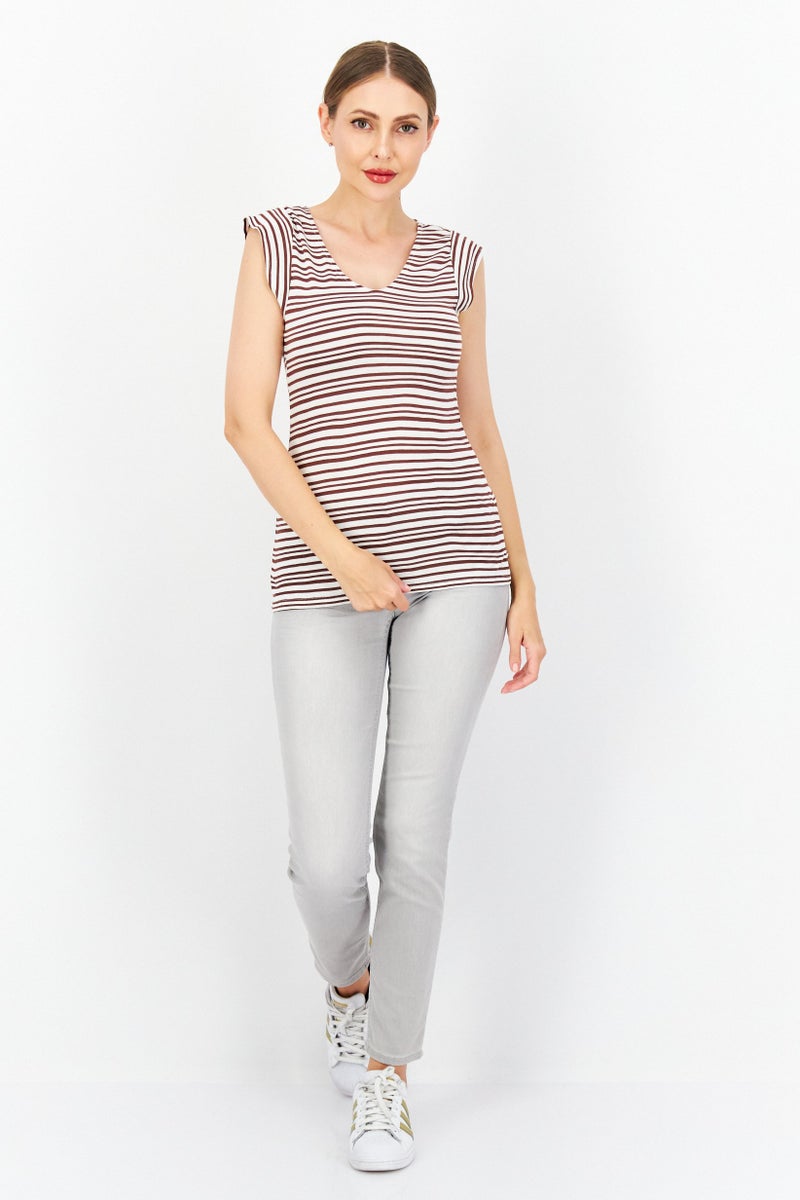 Zero Women V Neck Short Sleeve Stripe Top, White - Image 3