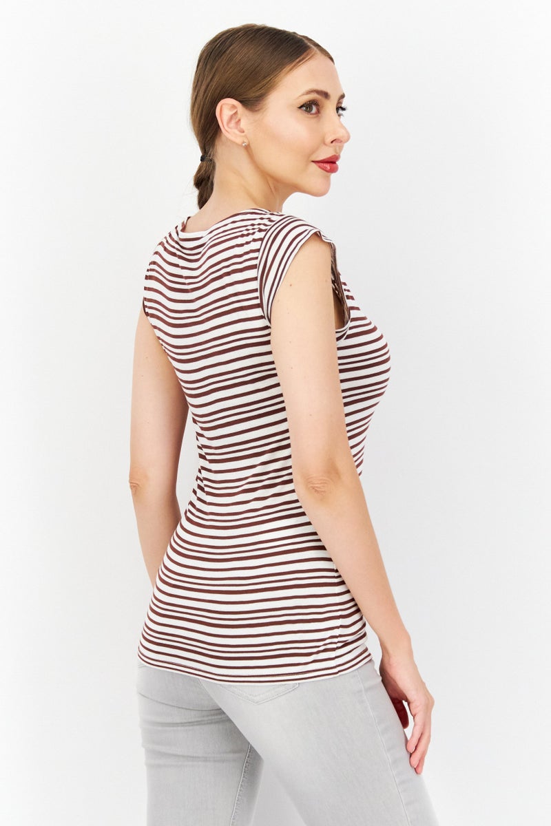 Zero Women V Neck Short Sleeve Stripe Top, White - Image 4