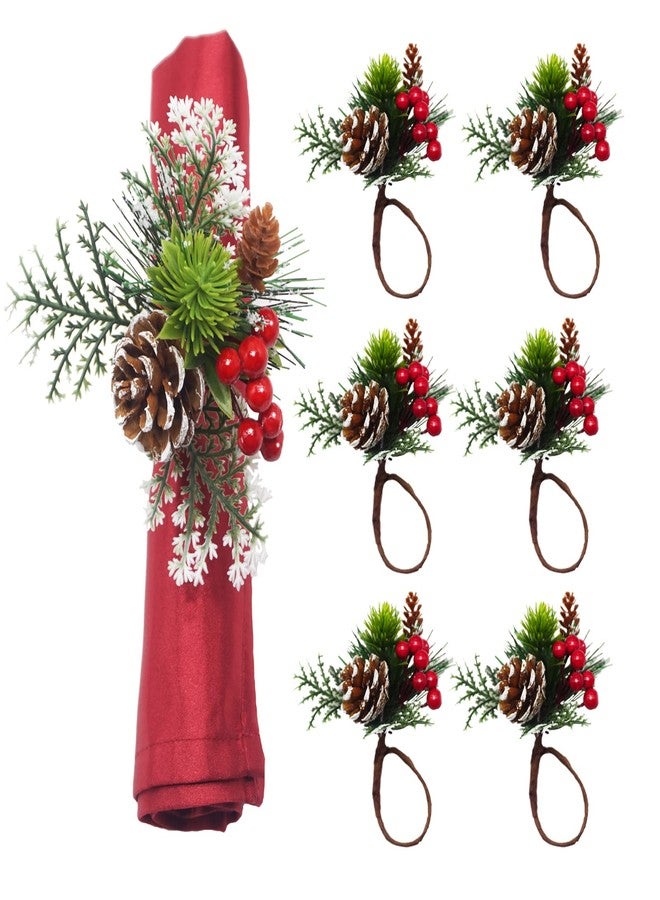 Utalek Christmas Napkin Rings Set of 6 Pine Cone Napkin Rings Holders with Berries Xmas Serviette Buckle Holder for Christmas, Dinner, Parties,Wedding, Holiday Dining Table Decor - Image 1