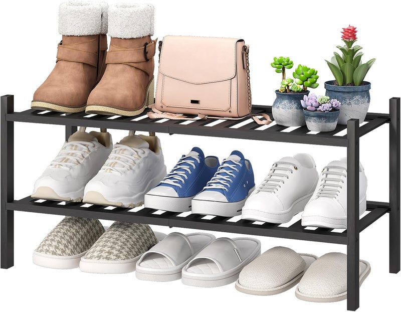 viewcare 2-Tier Black Bamboo Shoe Rack for Entryway, Stackable | Foldable | Natural, Shoe Shelf Storage Organizer for Hallway Closet, Free Standing Shoe Racks for Indoor Outdoor - Image 1