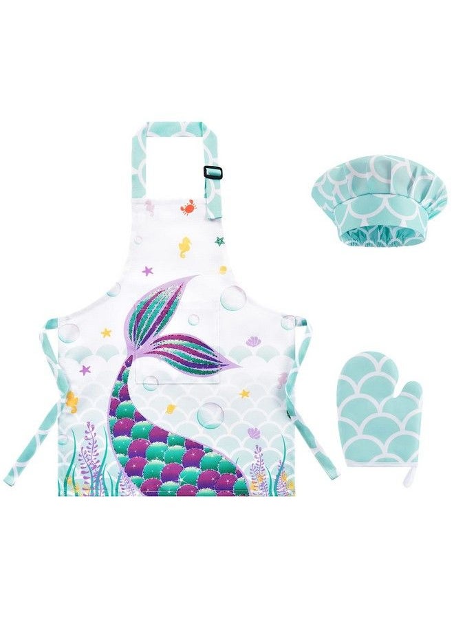Wernnsai - Mermaid Apron Set Waterproof Chef Artist Cooking Aprons For Kids Girls Kitchen Bib With Adjustable Strap Pocket Chef Hat And Mittens For Baking Painting Party (Extra Small 25 Years) - Image 1