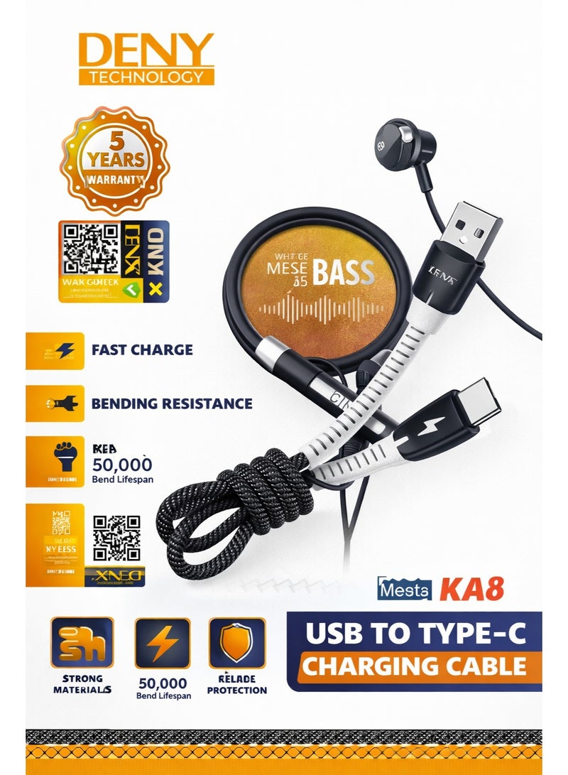 Denx DENY Technology USB to Type-C Fast Charging Cable – 3.1A High Speed, 50,000 Bend Lifespan, Strong Braided Material, 5 Years Warranty - Image 1