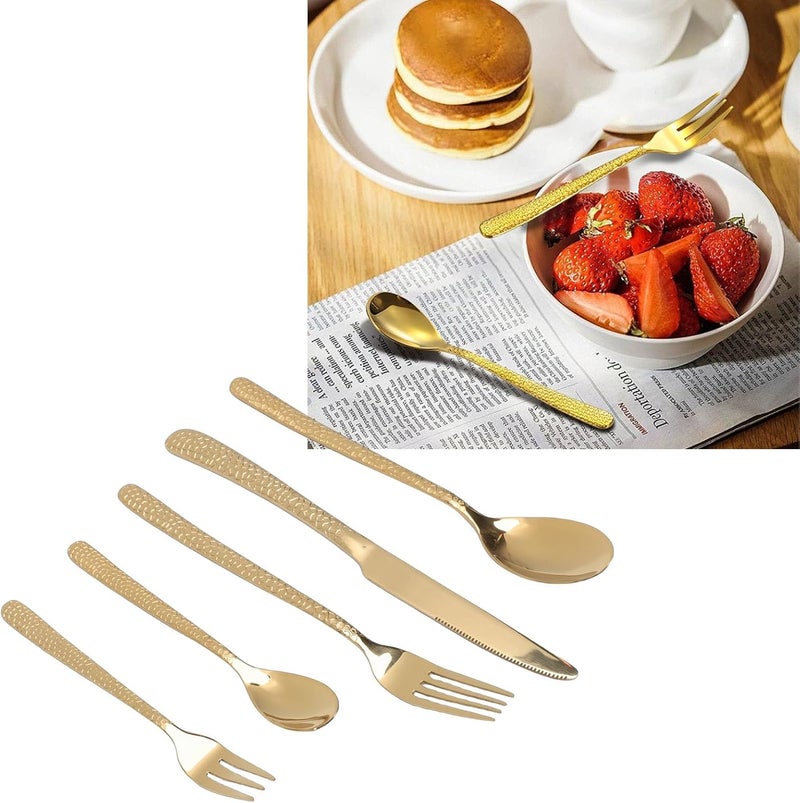 Luocute Hammered Silverware Set, 20 Piece 18/10 Stainless Steel Flatware Cutlery Set Dishwasher Safe with Unique Texture for 4 People Home Restaurant Wedding (Gold) - Image 5