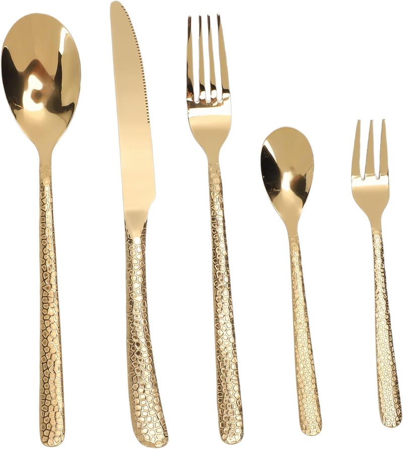 Luocute Hammered Silverware Set, 20 Piece 18/10 Stainless Steel Flatware Cutlery Set Dishwasher Safe with Unique Texture for 4 People Home Restaurant Wedding (Gold) - Image 1