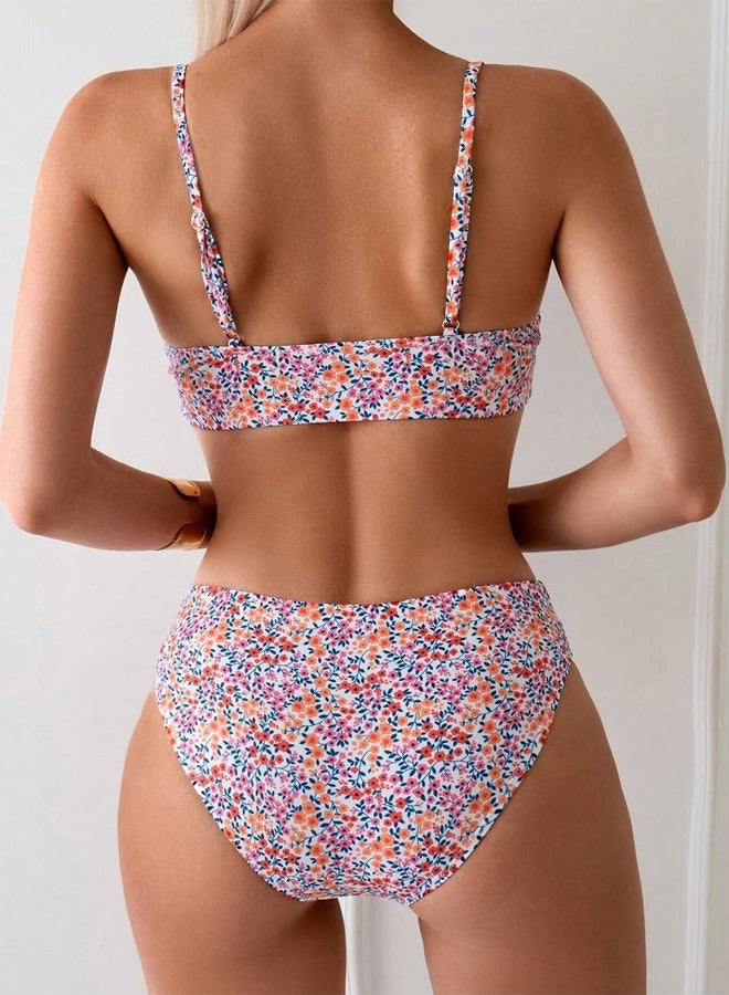 YIMISAN Women's Two Piece Swimsuit Floral Print Bikini Sets Spaghetti Straps Scoop Neck Mid Waist Cheeky Bathing Suit, Pink Floral, M - Image 3