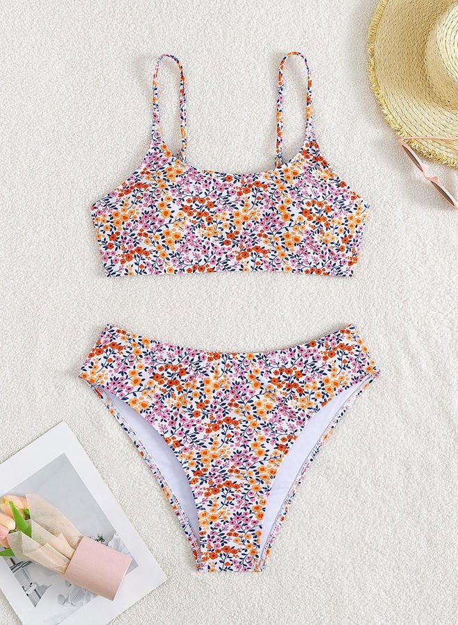 YIMISAN Women's Two Piece Swimsuit Floral Print Bikini Sets Spaghetti Straps Scoop Neck Mid Waist Cheeky Bathing Suit, Pink Floral, M - Image 4