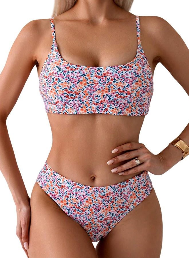 YIMISAN Women's Two Piece Swimsuit Floral Print Bikini Sets Spaghetti Straps Scoop Neck Mid Waist Cheeky Bathing Suit, Pink Floral, M - Image 1