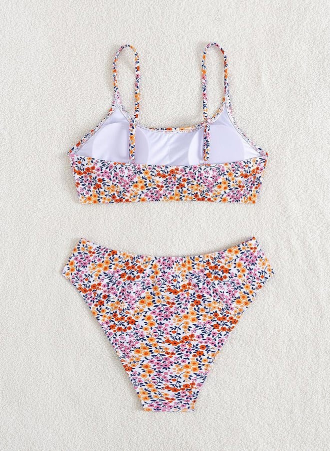 YIMISAN Women's Two Piece Swimsuit Floral Print Bikini Sets Spaghetti Straps Scoop Neck Mid Waist Cheeky Bathing Suit, Pink Floral, M - Image 5