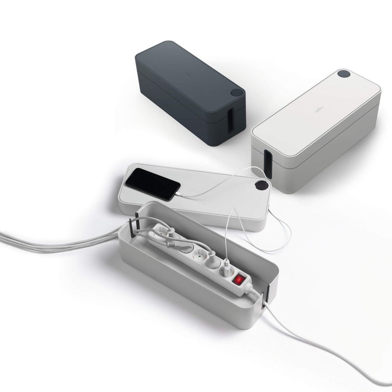 Durable CAVOLINE® BOX L Cable Organiser Box — Tidy, safe power strip holder for home & office; ventilated design, rubberised cable outlets, flame‑retardant plastic, large rubber feet for stability, easy device charging - Image 2