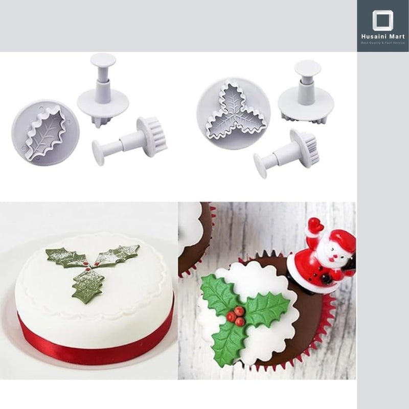Husaini Mart HUSAINI MART 6 Pieces Holly Leaf Cookie Cutters Plunger Set 3D Christmas Biscuit Fondant Cutter for BakingCake Decorations  - Image 4