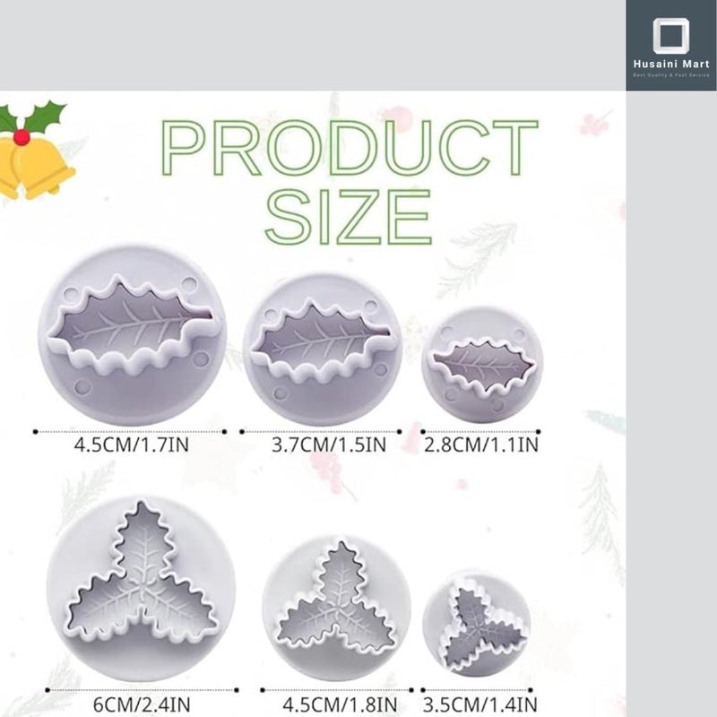 Husaini Mart HUSAINI MART 6 Pieces Holly Leaf Cookie Cutters Plunger Set 3D Christmas Biscuit Fondant Cutter for BakingCake Decorations  - Image 2