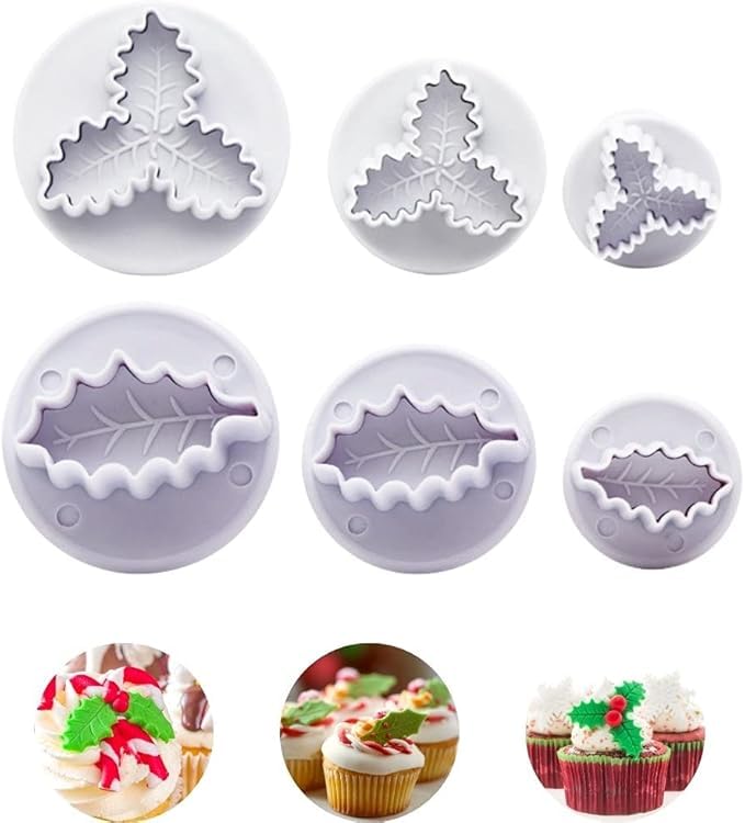Husaini Mart HUSAINI MART 6 Pieces Holly Leaf Cookie Cutters Plunger Set 3D Christmas Biscuit Fondant Cutter for BakingCake Decorations  - Image 1