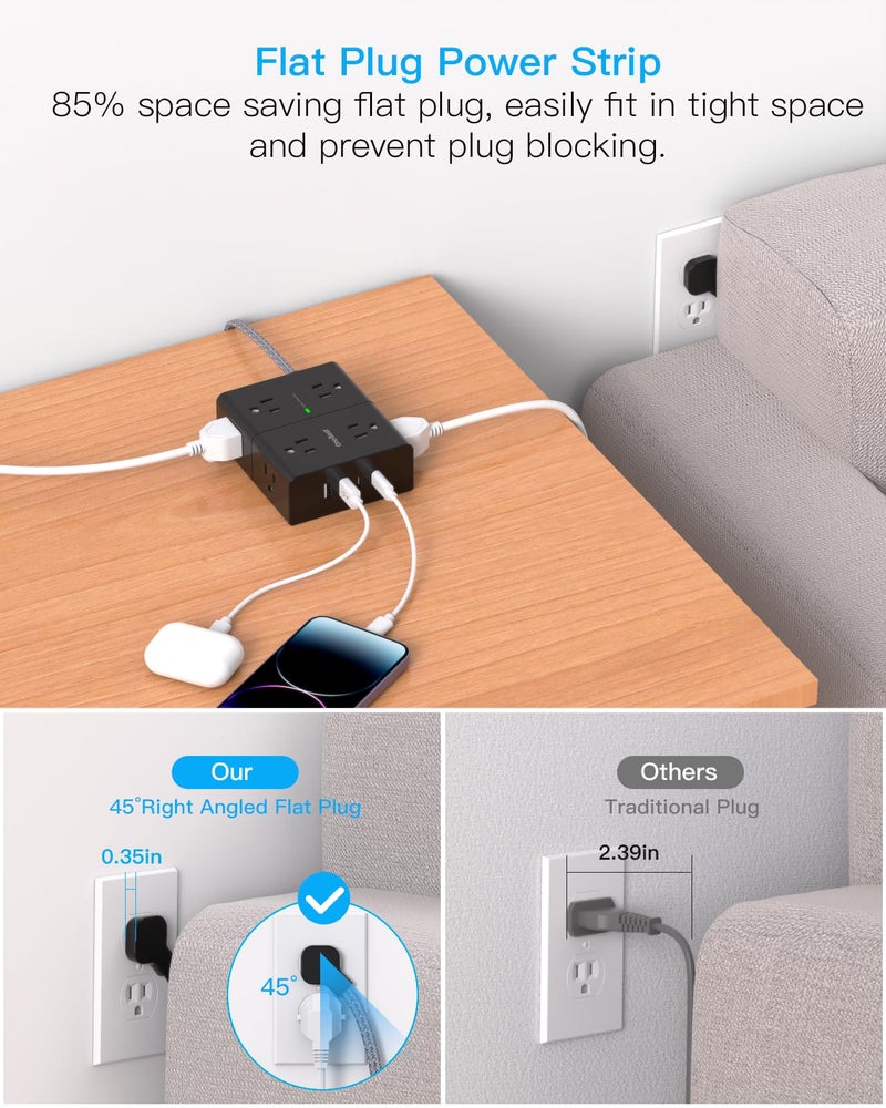 One Beat Surge Protector Power Strip 25 Ft Cord, Ultra Thin Flat Extension Cord with 8 Outlets 4 USB Ports(2 USB C), Flat Plug Power Strip, 25 Ft Long Braided Power Cord for College Dorm Room Essentials-BK - Image 5