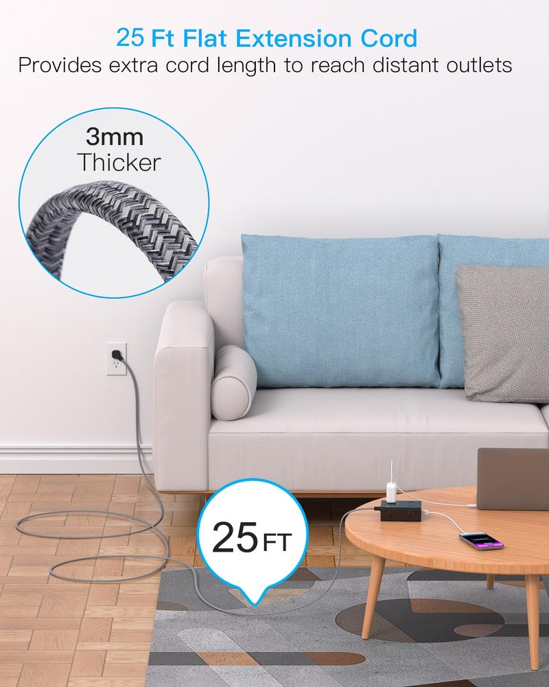 One Beat Surge Protector Power Strip 25 Ft Cord, Ultra Thin Flat Extension Cord with 8 Outlets 4 USB Ports(2 USB C), Flat Plug Power Strip, 25 Ft Long Braided Power Cord for College Dorm Room Essentials-BK - Image 2