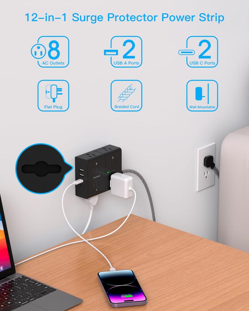 One Beat Surge Protector Power Strip 25 Ft Cord, Ultra Thin Flat Extension Cord with 8 Outlets 4 USB Ports(2 USB C), Flat Plug Power Strip, 25 Ft Long Braided Power Cord for College Dorm Room Essentials-BK - Image 3