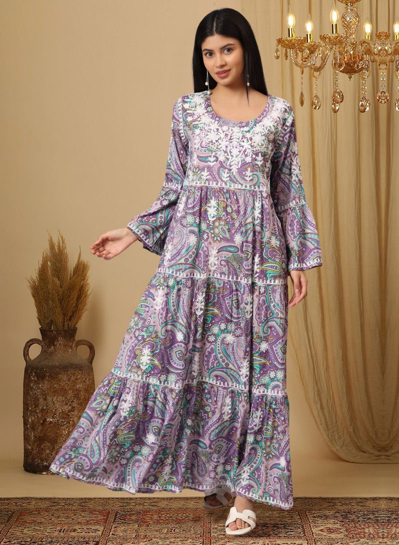 الايا جلابية قطن مولمول مطرزة يدويًا بنمط كشكش - - Image 1