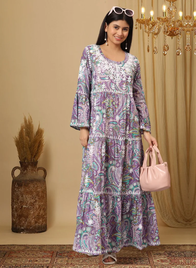Alaya Hand Embroidered Chikankari A-Line Gathering Pattern Mulmul Cotton Jalabiya-AL3673