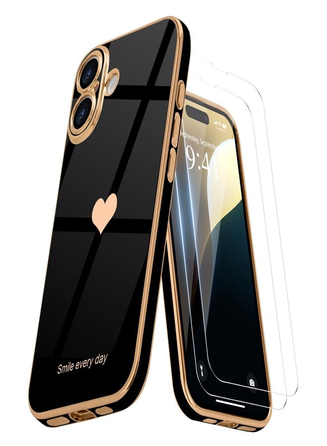 Teageo for iPhone 16 Case with 2 Screen Protector Heart Pattern for Women Girls Luxury Bling Plating Soft TPU Anti-Scratch Shockproof Bumper Phone Case for iPhone 16, Black - Image 1