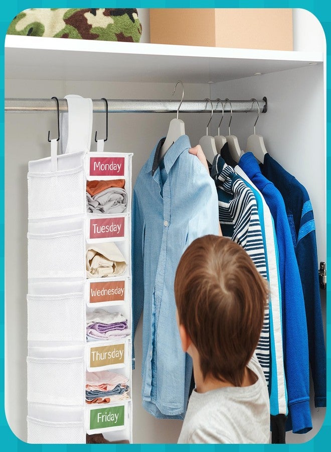 Yeyeplum 2 Pack 7 Shelf Weekly Clothes Organizer Hanging Closet for Kids with Side Pockets Weekday Shoes Rack Weekly Clothes Organizers Monday Through Weekend Foldable Storage Shelves(White) - Image 3