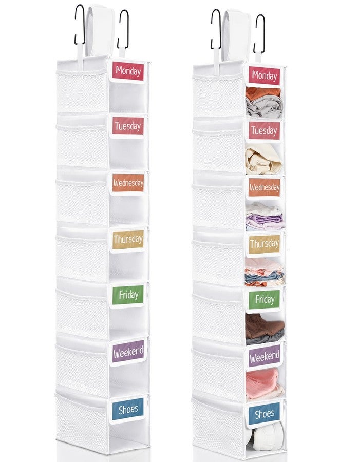 Yeyeplum 2 Pack 7 Shelf Weekly Clothes Organizer Hanging Closet for Kids with Side Pockets Weekday Shoes Rack Weekly Clothes Organizers Monday Through Weekend Foldable Storage Shelves(White) - Image 1