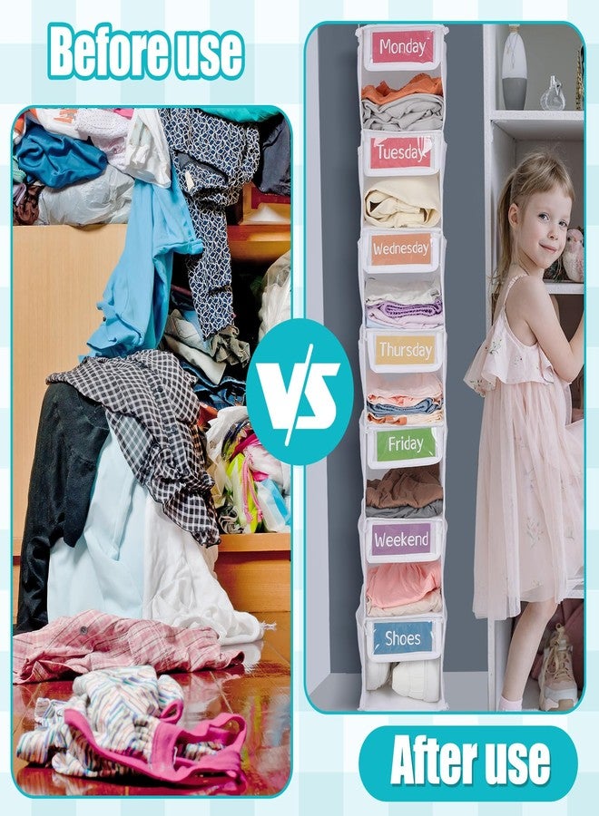 Yeyeplum 2 Pack 7 Shelf Weekly Clothes Organizer Hanging Closet for Kids with Side Pockets Weekday Shoes Rack Weekly Clothes Organizers Monday Through Weekend Foldable Storage Shelves(White) - Image 5
