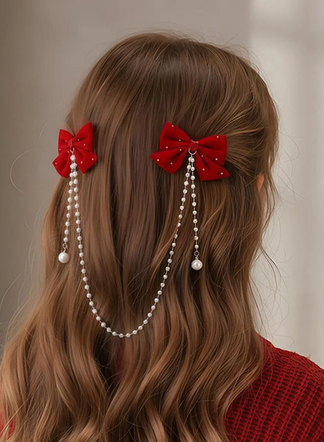 Take Two Red Bow Hair Clip with Pearl Chain