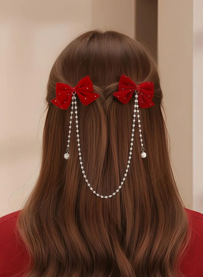 Take Two Red Bow Hair Clip with Pearl Chain