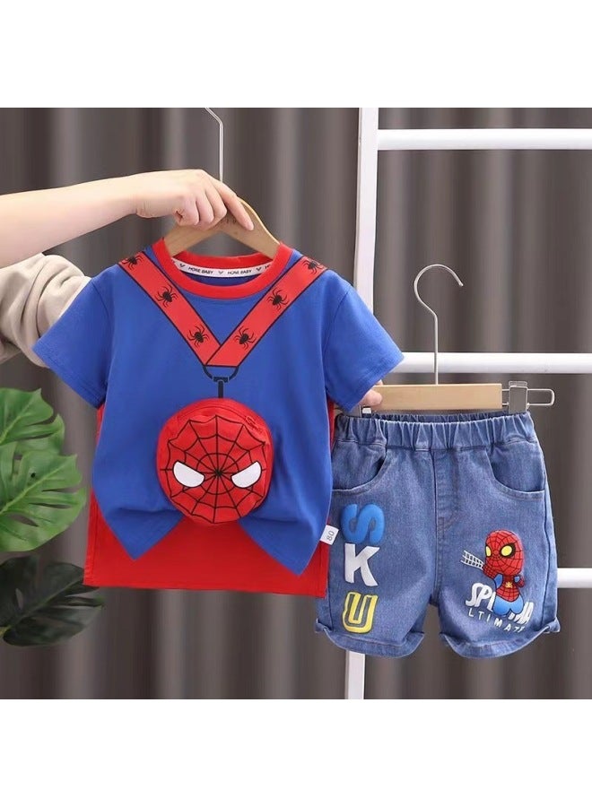 Sapphire Blue Children's Spider-man Cartoon Pattern Short Sleeve Summer Outfit