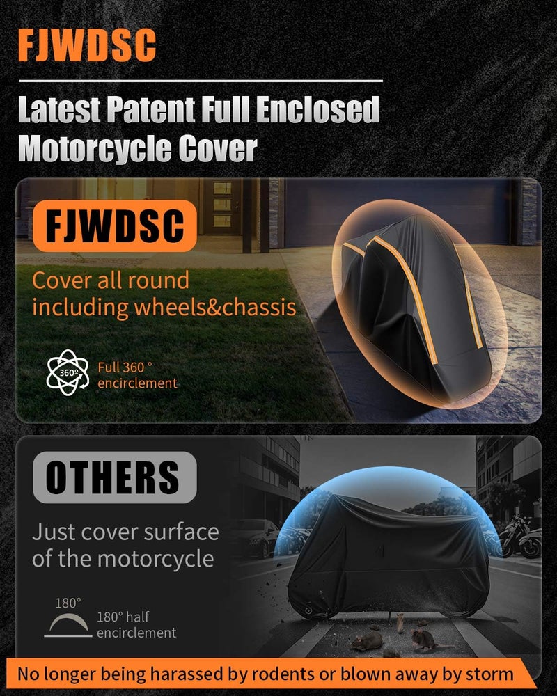 FJWDSC Full Enclosed Motorcycle Cover Waterproof Outdoor/Indoor Storage Waterproof Motorcycle Cover Heavy Duty with Reflective Strips Fits Motorcycles Length up to 96" Windproof Sunproof Dustproof - Image 2