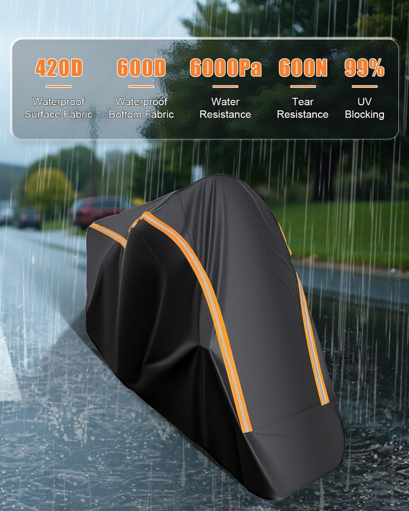 FJWDSC Full Enclosed Motorcycle Cover Waterproof Outdoor/Indoor Storage Waterproof Motorcycle Cover Heavy Duty with Reflective Strips Fits Motorcycles Length up to 96" Windproof Sunproof Dustproof - Image 3